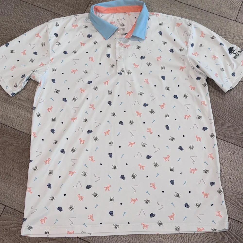 Swannies Golf Polo Mens XL White Goat All Over Pattern Print Preppy Athletic - Picture 2 of 8